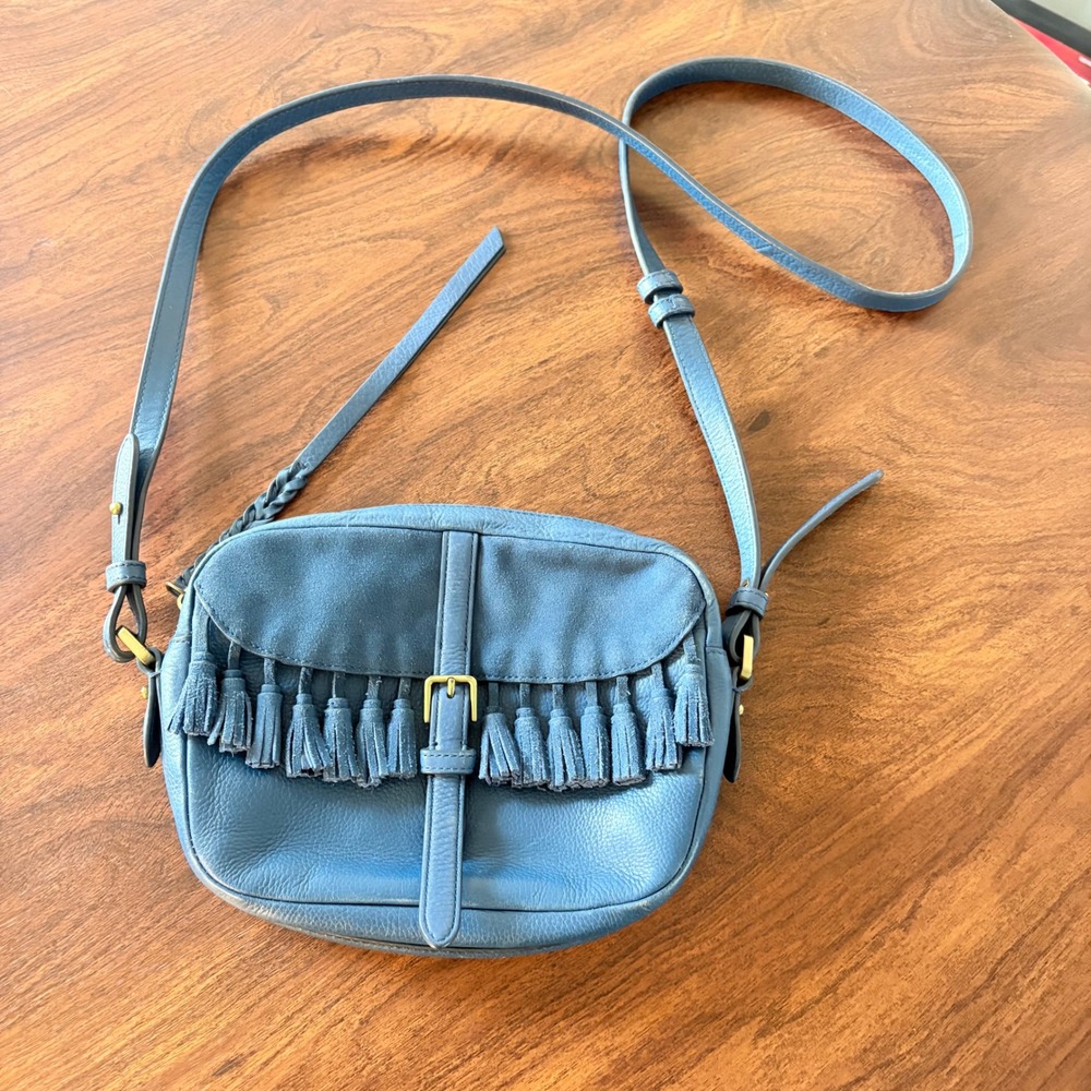 Fossil Tassel Cowhide Leather Crossbody Bag Blue Small Boho adjustable